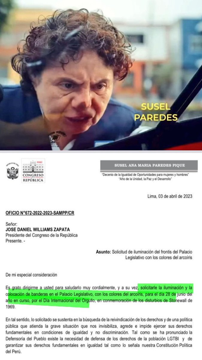 Susel Paredes acaba de enviar un comunicado EXIGIENDO que el 28 de junio, el Palacio Legislativo (Congreso), se ilumine y se forre con banderas de los colores del colectivo LGBT. Yo le EXIJO a Susel Paredes que se vaya bien a la mrda, ¿quien más conmigo? ✋️