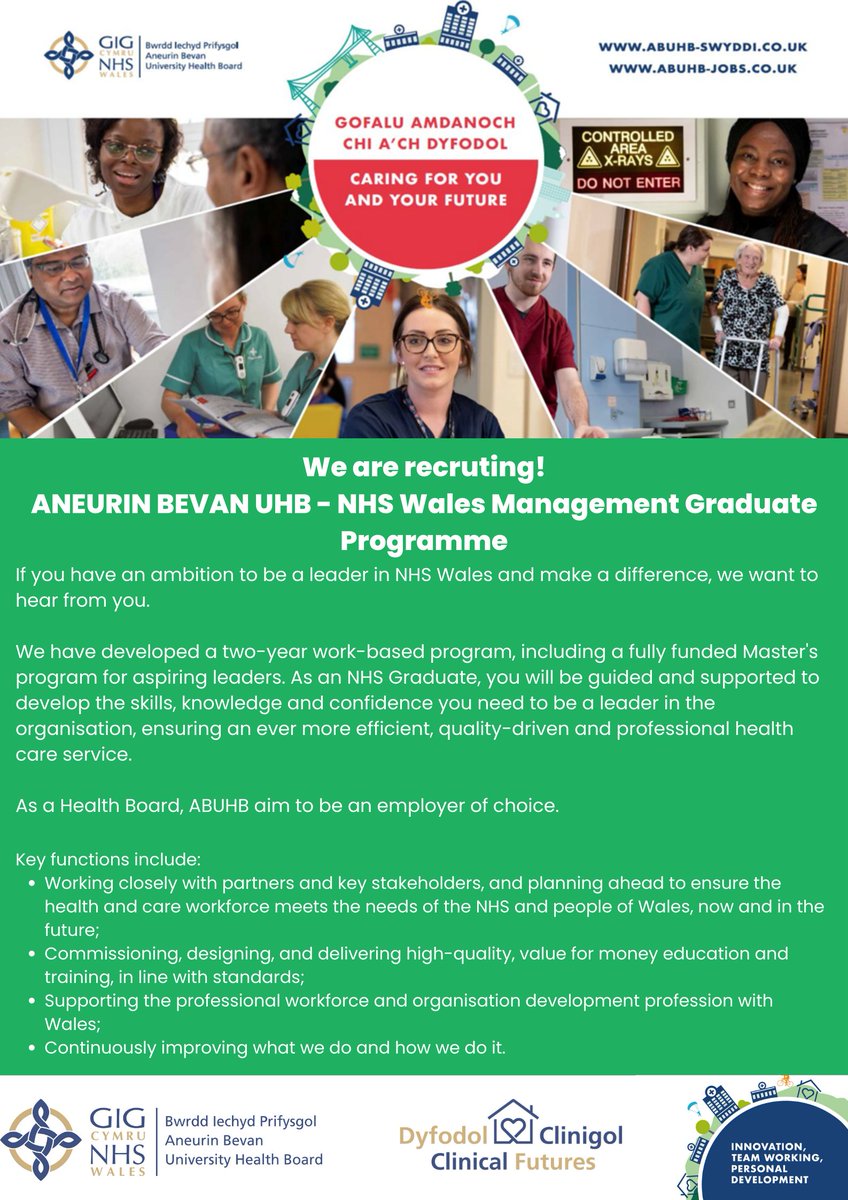 Would you like a leading role in the healthcare workforce in Wales, in order to ensure high-quality care for the people of Wales?

Our Management Graduate Scheme is now live.
Closing date: 09/07/2023

To find out more, click the below link:
apps.trac.jobs/job-advert/541…