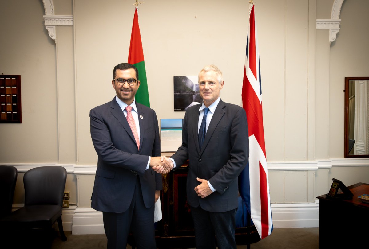 COP28_UAE's tweet image. Discussing the need for a strong focus on food systems, health and water in the climate agenda at #COP28UAE was a key topic between #DrSultanAlJaber and @ZacGoldsmith, Minister for @FCDOGovUK, Energy, Climate &amp;amp; Environment, who met on the sidelines of #LCAW2023.