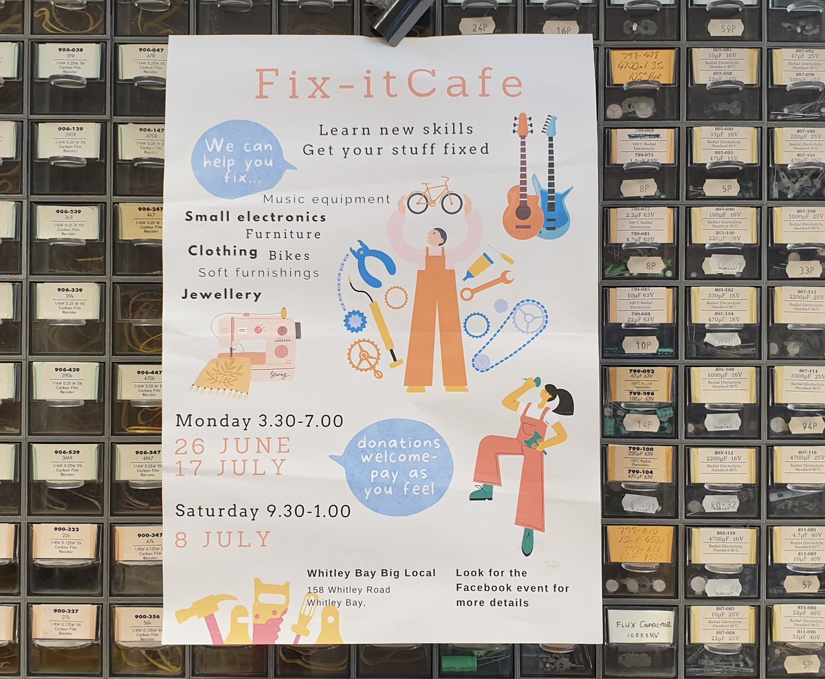 esrelectronic's tweet photo. We recently helped out with some bits for the FixIt workshop @wbaybiglocal. Today another visit and a poster. Just taken a quick snap of it on "The Great Wall of Cullercoats". Bonus point to those that spot the time travelling pun.  #fixitcafe #whitleybay #cullercoats #repaircafe https://t.co/IIKyygD6ni