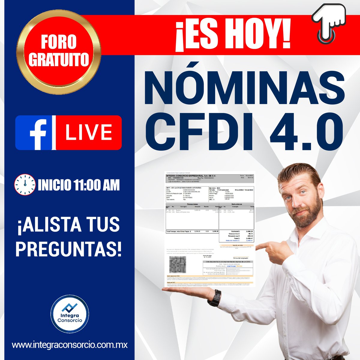 Integra_ConEmp's tweet photo. Nos vemos en nuestro FACEBOOKLIVE para resolver todas tus dudas sobre la Nómina en CFDI 4.0 https://t.co/aqAhmkrnqr