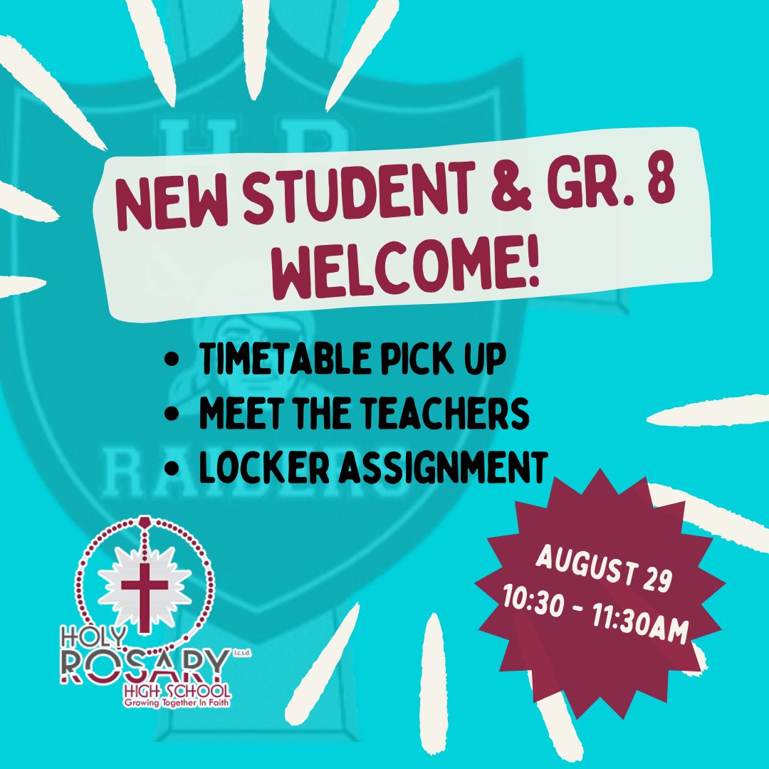 Even though the school year is winding down, HRHS wanted to send out an invitation to all new students and upcoming grade 8 students for our welcome back event in August!

This will be a chance to meet your teachers, find your locker and pick up your timetable. August 29/10:30am