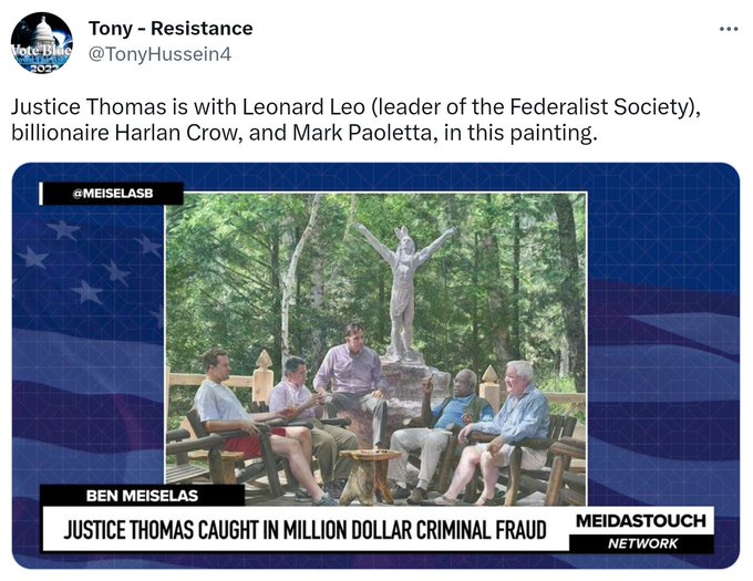 Supreme Court Justice Clarence Thomas broke the law. He received $500,000 trips, & rides on Republican megadonor Harlan Crow’s private jet & yacht. None of those trips were reported in Justice Thomas's annual financial disclosures. This is a violation of the disclosure law. 03