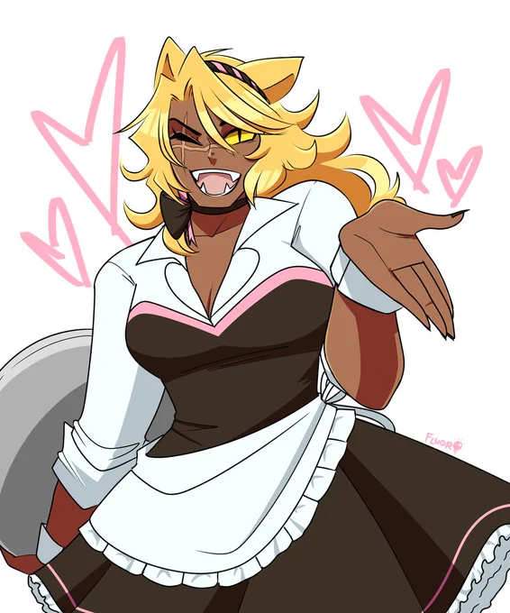 [OC rkgk] been sick and busy lately so I'm getting back into the groove of things by doodling my Leo girl, Ryan! she's a dumb muscle brawler who's been disguised on Earth by her friends as a cat maid waitress. customers are too scared of her but she's a damn good bouncer