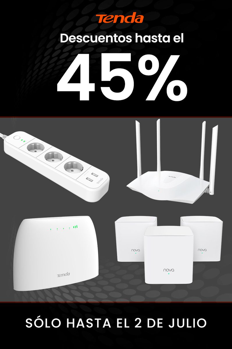 Descuentos de hasta un 45% en una selección de nuestros productos #Tenda #WiFi. 
#Routers #WiFi o SIM, sistemas #mesh... ¡Disponibles sólo hasta el 2 de Julio! 
▶️ bit.ly/46hM4YJ ◀️