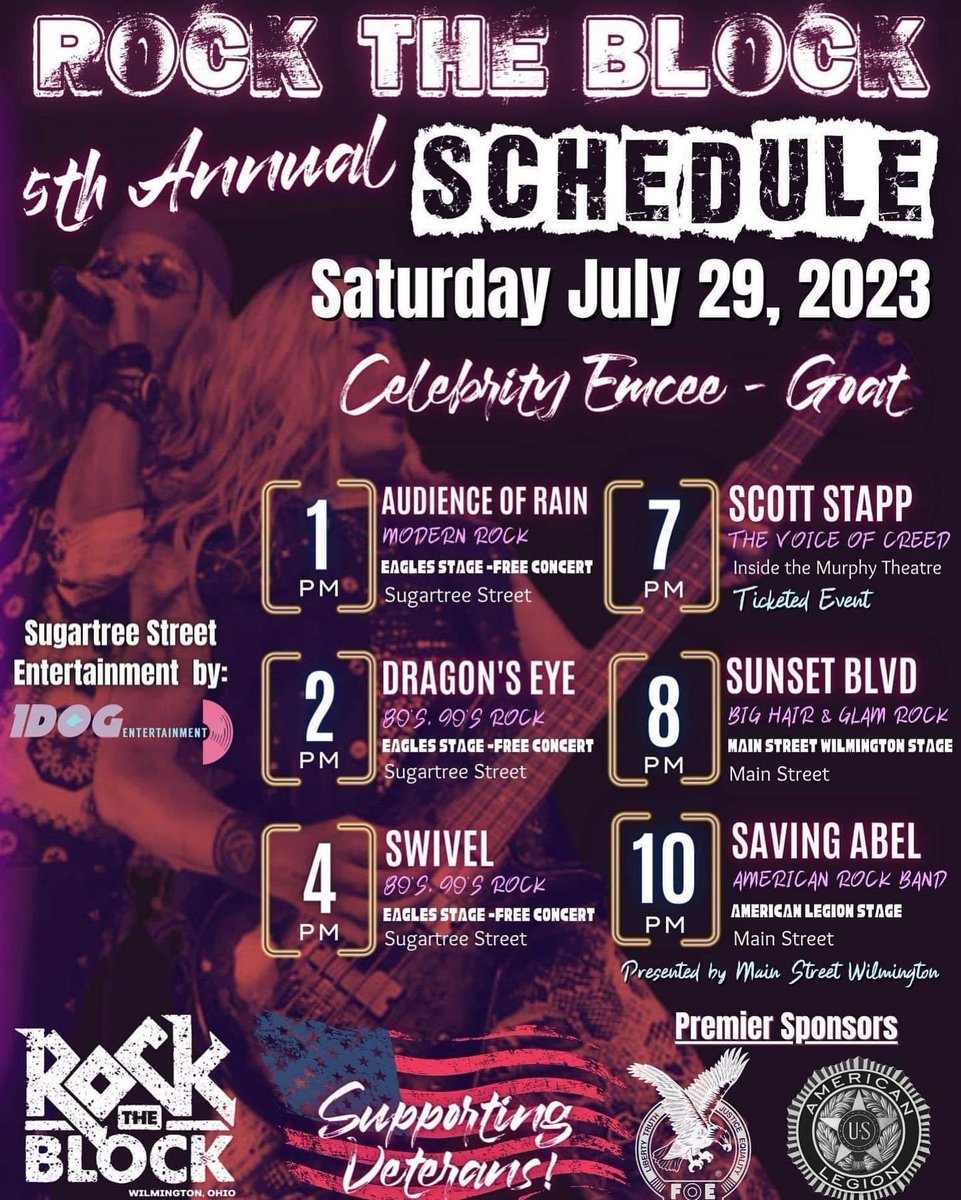 Wilmington, Ohio! Mark your calendars🗓 Saturday, July 29th 

<a href="/AOROfficial/">ᴀᴜᴅɪᴇɴᴄᴇ ᴏꜰ ʀᴀɪɴ</a> Audience of Rain will be supporting  <a href="/ScottStapp/">Scott Stapp</a> the voice of Creed &amp; <a href="/SavingAbel/">SavingAbel</a> 

Ticket info bandsintown.com/a/3992114-audi…

Thank you 1 Dog Entertainment!🤘
.
.
.
#audienceofrain #savingabel #scottstapp