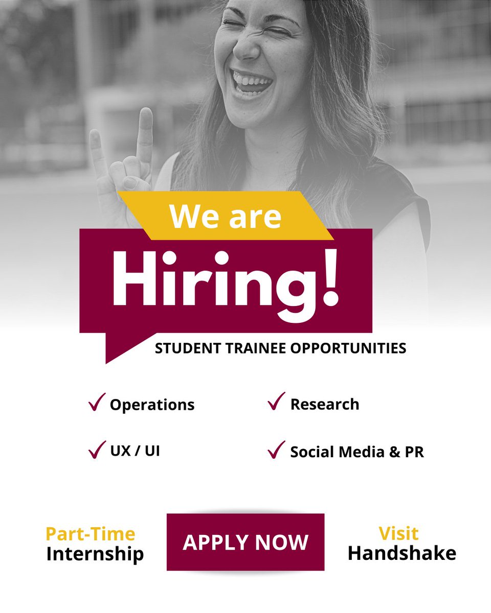 We are hiring Operations, Research, UX/UI, and WIN Social Media & PR Student Trainees to gain valuable hands-on experience.

Join our team and significantly impact our organization while building a solid foundation for your future career. Apply by visiting handshake.
