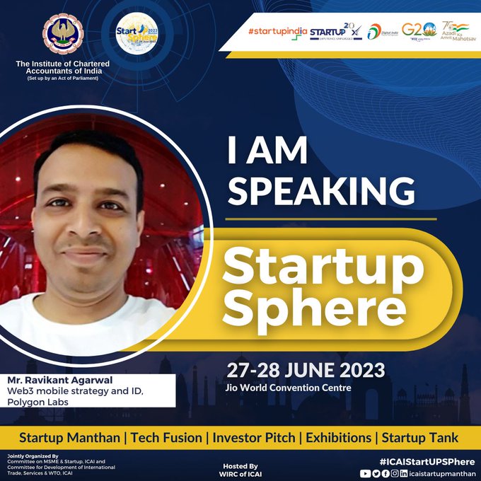 ravikantagrawal's tweet photo. Join me at the upcoming #StartupSphere event hosted by #icaistartupsphere at @Jioconventioncentre as we dive into the world of startups and entrepreneurship. 

🚀 Excited to be a part of this event and share my experiences in the startup ecosystem. It's an excellent chance for aspiring entrepreneurs, innovators, and anyone passionate about startups to learn, network, and take their ideas to the next level.   Let's empower each other to #SetupYourStartup📷