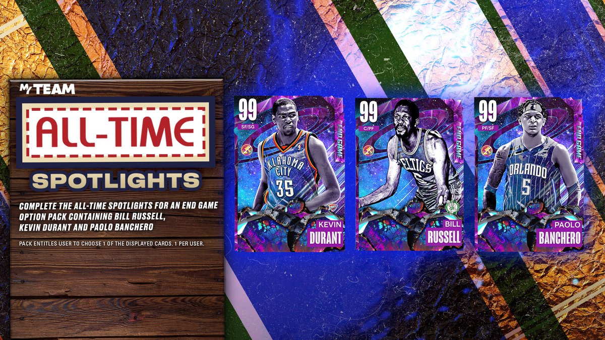 End Game Bill Russell is coming to MyTEAM‼️  

Complete the All-Time Spotlights collection to pick your reward of either End Game Bill Russell, End Game Kevin Durant, or End Game Paolo Banchero!