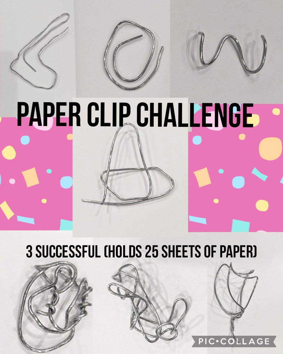 ESalie13's tweet photo. Day 2 of @BellevueSchools Tech Camp.... Paperclip Challenge...using wire and cutters/needle-nose pliers, design a paperclip that holds 25 sheets of paper (must be diff design than "typical" one). 3 out of 7 groups were successful (bottom row)!! @boycem3 #bpsne #teamBPS #bpsSTEM https://t.co/orvKiFmjsJ