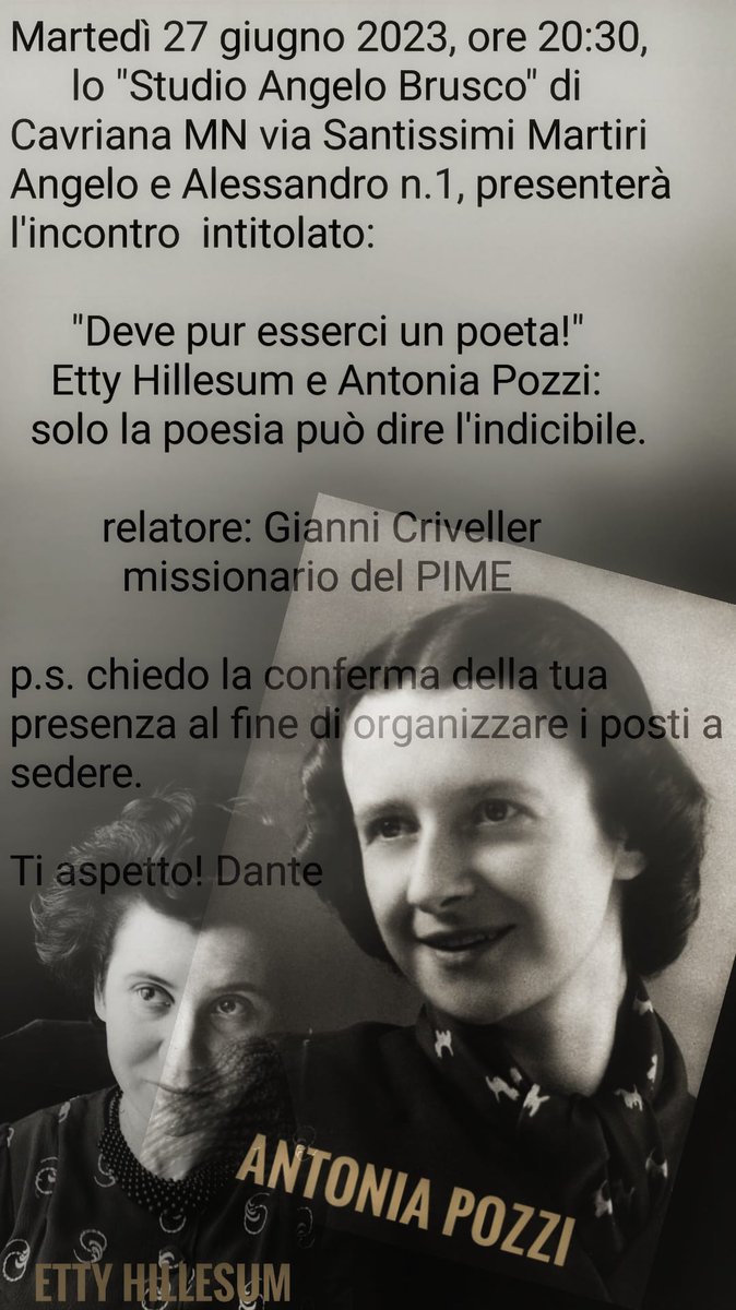 stasera a casa di Dante Zamperini,  parliamo di Etty Hillesum e Antonia Pozzi