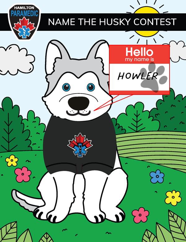 Our newest <a href="/hps_paramedics/">Hamilton Paramedics</a> member has a name!
Meet Howler the Husky!
Huskies have an instinct to howl when they communicate and when they hear a high pitch sound like an ambulance siren.