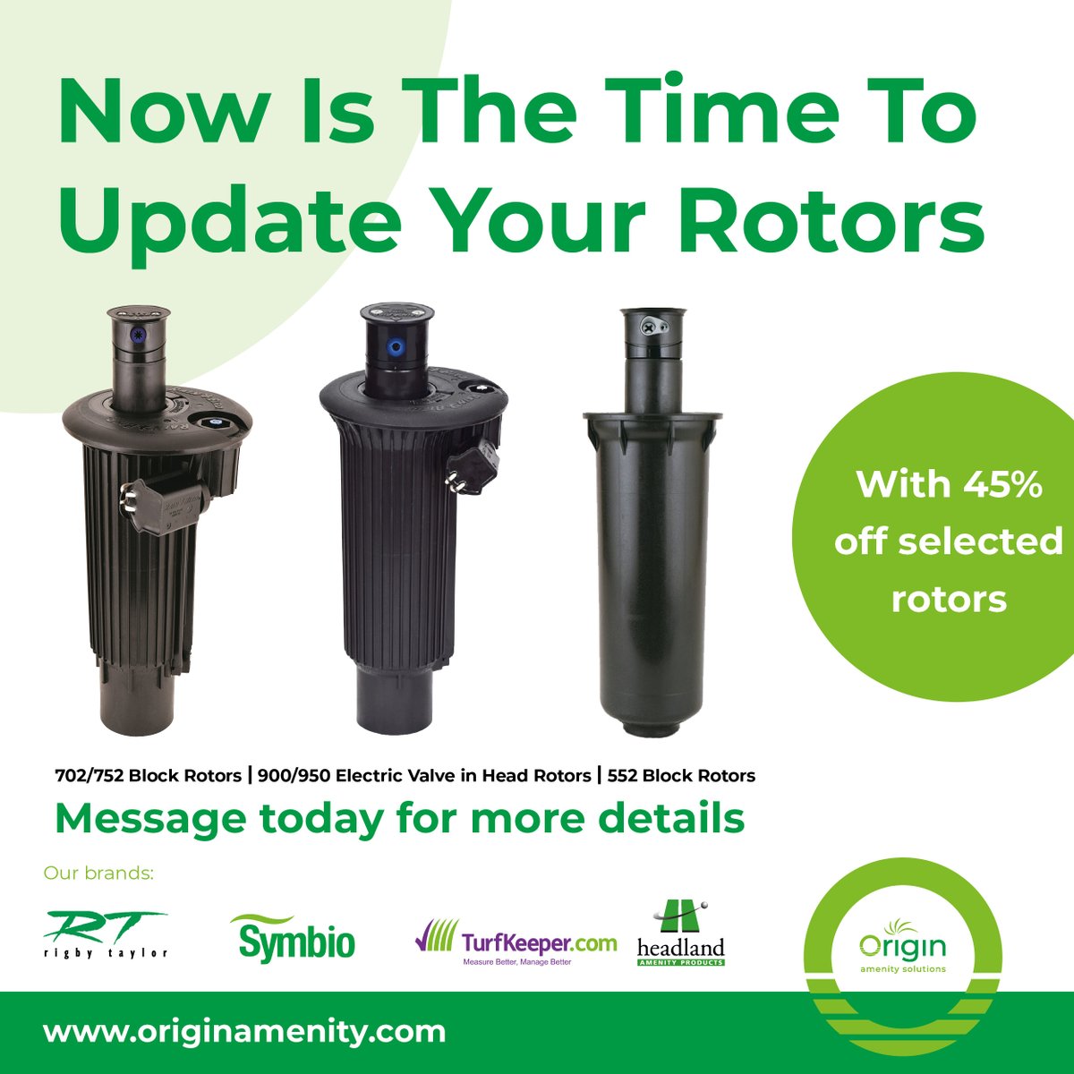 OriginAmenity's tweet photo. Last chance to take advantage of our @RainBirdGolf Rotor Offer, which expires at the end of June!

You can save 45% off RRP on the rotors below to help enhance your golf #irrigation projects, but be quick as the offer is almost over.

T: 0800 138 7222

#OriginAmenitySolutions https://t.co/ujHLtV9sft