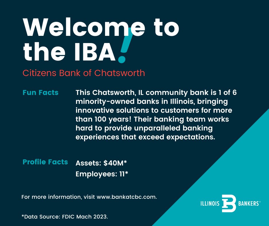 Welcome to the IBA, Citizens Bank of Chatsworth! With an outstanding legacy of unparalleled customer service and a commitment to community banking, we’re excited to welcome the Citizens Bank of Chatsworth to the IBA family! 
 
#IBAProud #IllinoisBankers #CommunityBanking