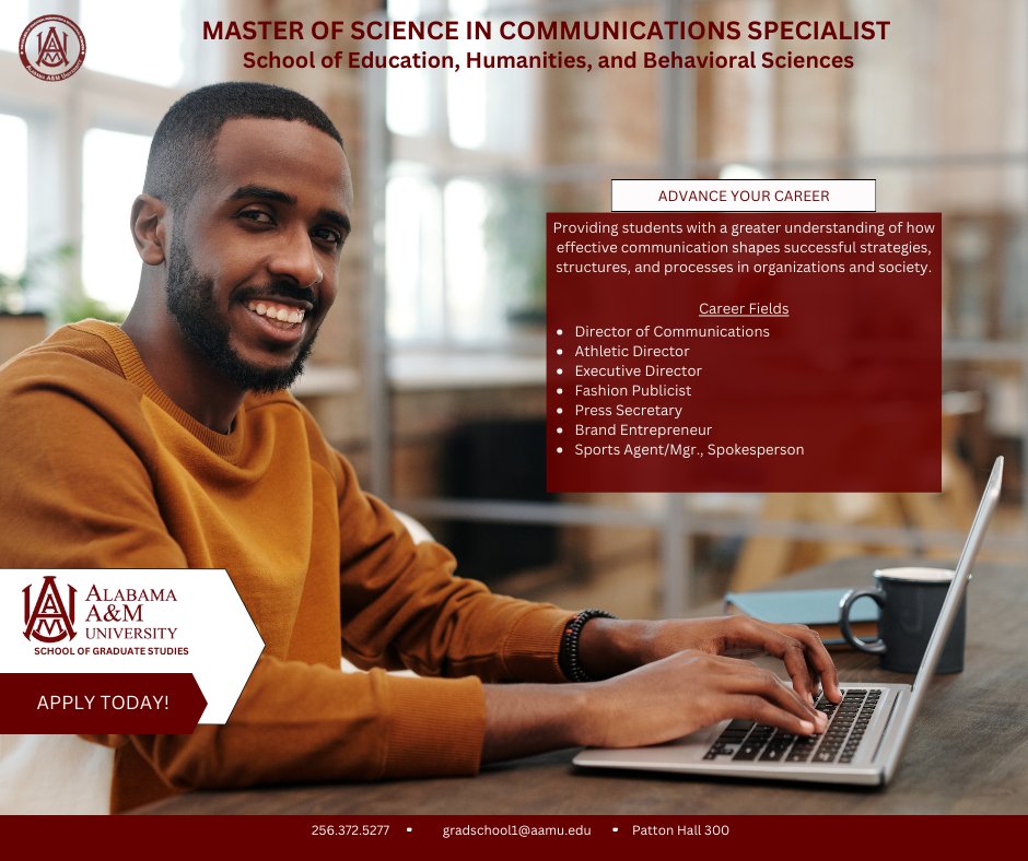 The Communications Specialist Program provides quality academic training and professional experience through interdisciplinary study. No GRE required.

#aamu #aamugradschool #aamu26