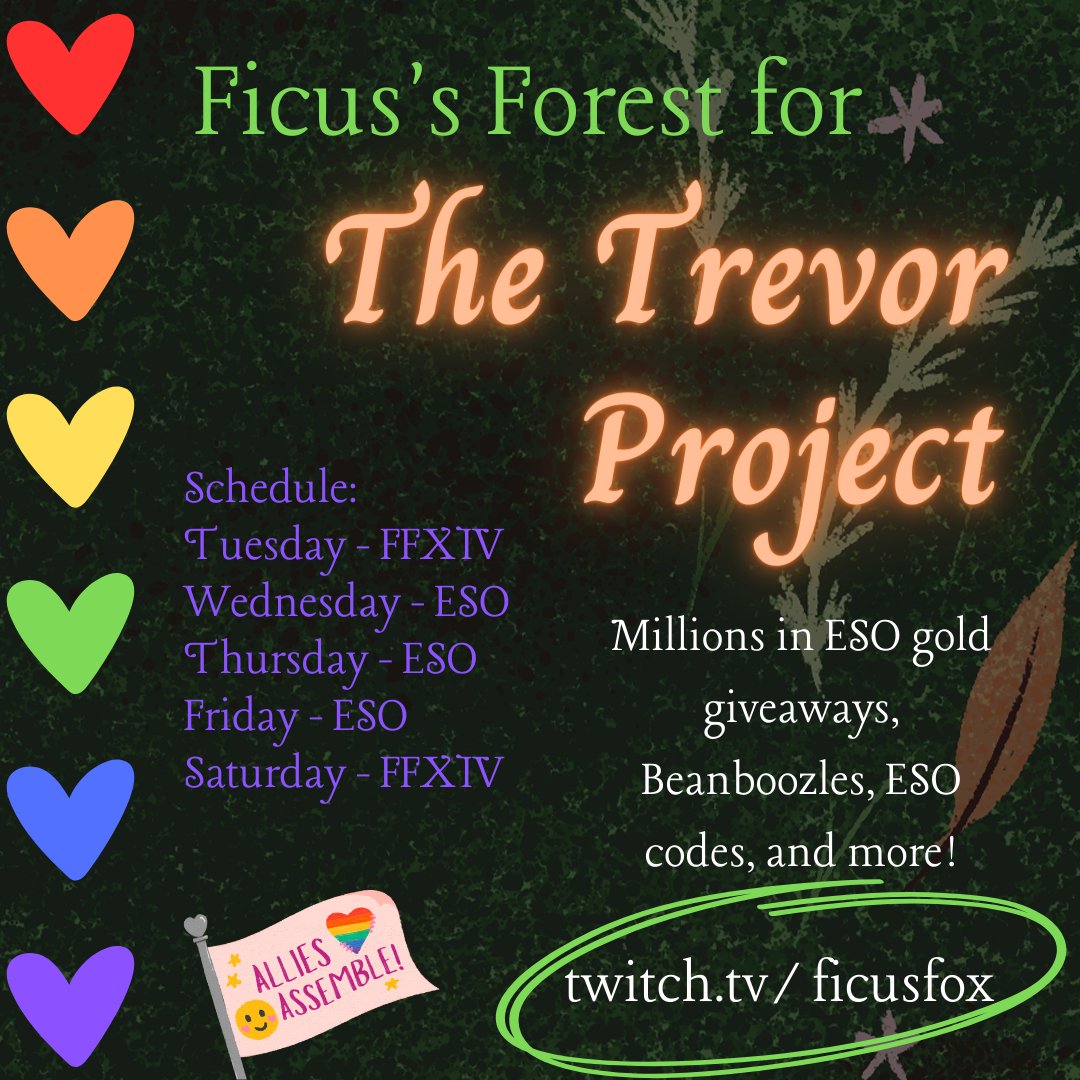 ficusfox's tweet image. This week, all week! Fundraising for @TrevorProject  as a part of #esopride! Stop in and get in on a giveaway or two, and help LGBTQ+ youths find support!