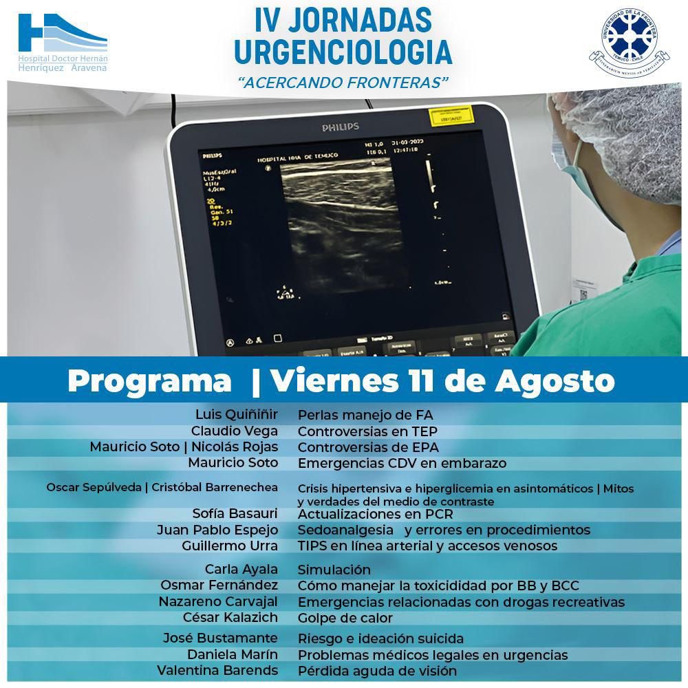 🚨IV Jornadas MDU UFRO 2023🚨

✅Les presentamos el programa, grandes temas, tremendos expositores.
✅Becados MDU inscripción gratis.

La Medicina de Urgencia se reúne en el sur de Chile 🇨🇱

📆10-11/08/23
📍UFRO - Temuco
<a href="/sochimu/">SOCHIMU</a> <a href="/UFrontera/">UFRO</a> <a href="/colmedtemuco/">ColmedAraucanía</a>