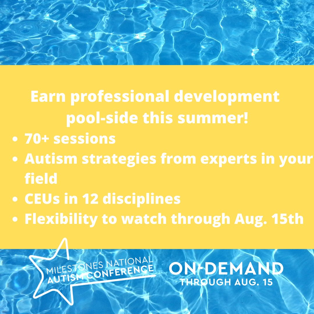 Hey educators... Earn CEUs poolside this summer! milestonesconference.org

#mnac2023 #autism #autismconference 
#continuingeducation #education #specialeducation 
#sped #teachers #educators #therapists #counselors 
#interventionspecialist #slp #bcba #ot