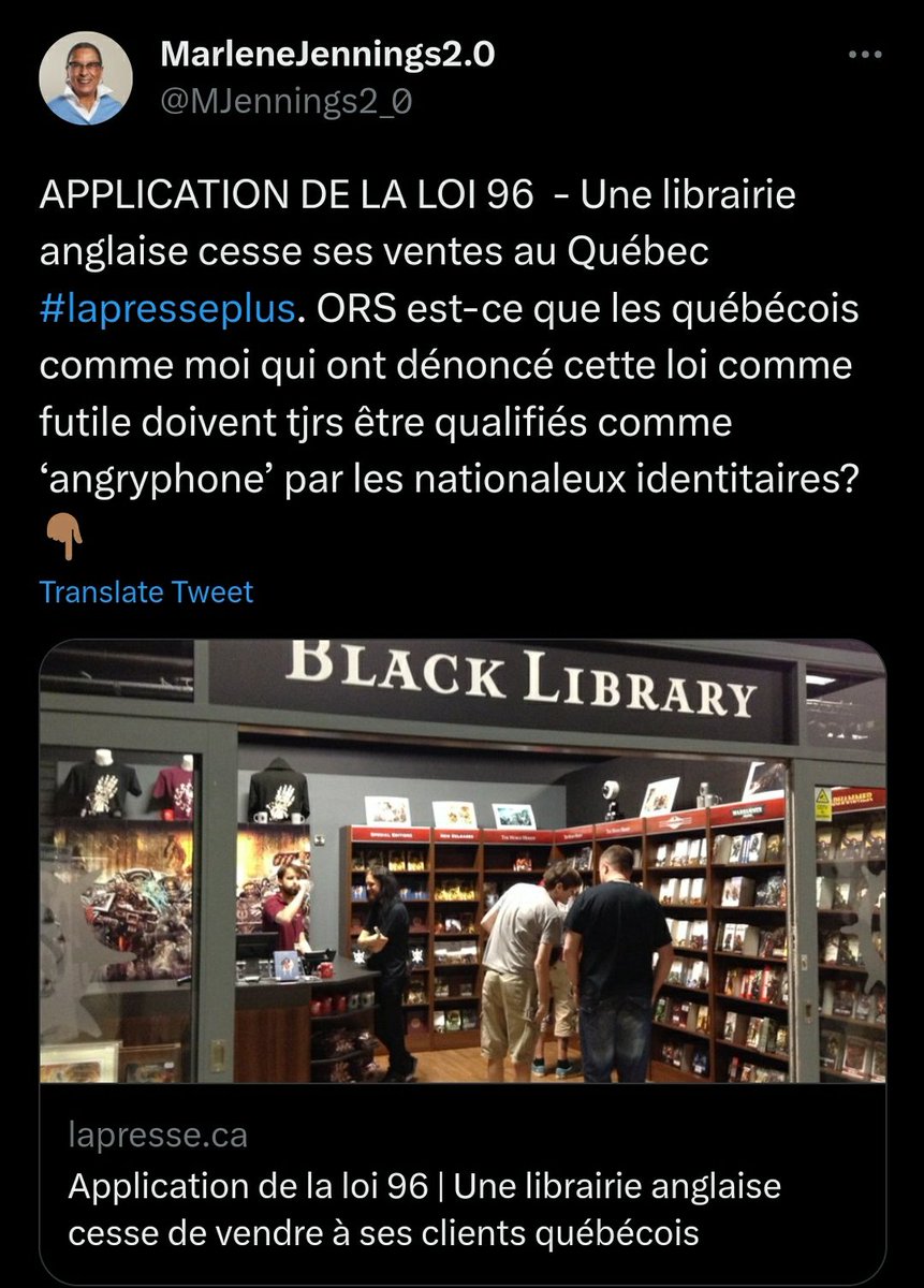 @PLG_01 Marlene Jennings, l'ex-Libérale, le sait en estie qu'on est de trop ici.

Elle aimerait mieux qu'on crève en silence la gueule ouverte...

Et, OUI, Marlene, si tu utilises 'nationaleux', ça va nous faire plaisir de te traiter d'angryphone, chère angryphone. ❤🥰