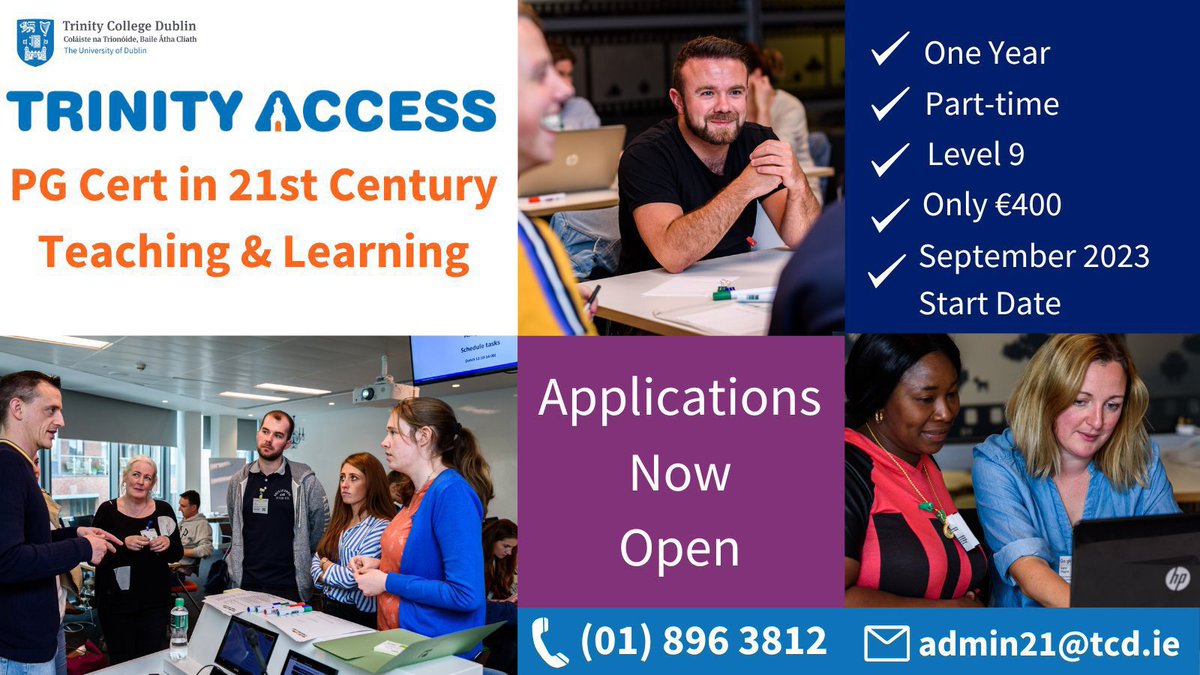 Trinity Access PG Cert 21stC Teaching & Learning (@ta21pgcert) on Twitter photo ❕ 3 DAYS LEFT TO APPLY ❕
Applications for the 23/24 academic year will close on Friday! Be sure to get your application in fast as this is a brilliant CPD opportunity! 
For further information & how to apply visit tcd.ie/education/cour… #edchatie #teachers #educators ❕ 3 DAYS LEFT TO APPLY ❕
Applications for the 23/24 academic year will close on Friday! Be sure to get your application in fast as this is a brilliant CPD opportunity! 
For further information & how to apply visit tcd.ie/education/cour… #edchatie #teachers #educators