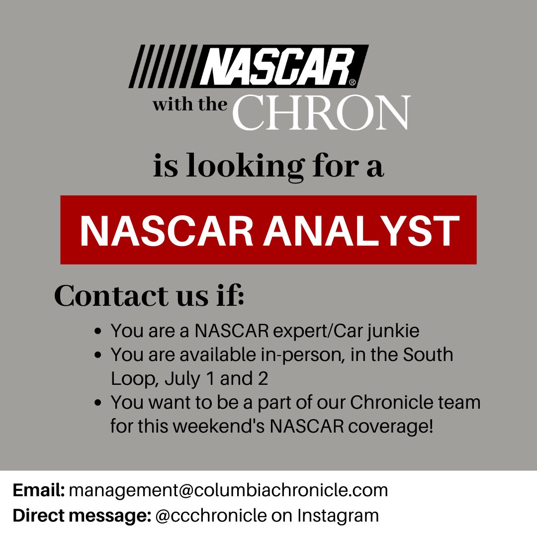 The Columbia Chronicle (@ccchronicle) on Twitter photo 🚨 CALLING ALL CAR JUNKIES! 🚨
Are you interested in covering this year's NASCAR event? If so, send us an email at 📧 management@columbiachronicle.com 🚨 CALLING ALL CAR JUNKIES! 🚨
Are you interested in covering this year's NASCAR event? If so, send us an email at 📧 management@columbiachronicle.com