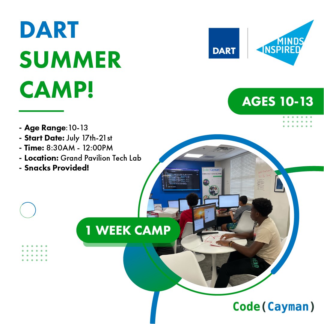 codecaymanorg's tweet image. Dart Youth.Code(Cayman) Summer Camp! 💻 Camp is FREE for all participants, thanks to the generous support of our sponsor, Dart, and the dedication of our incredible volunteers! Register here: bit.ly/44mbkuV 

#codecayman #youthcode #innovationnation #summercamp