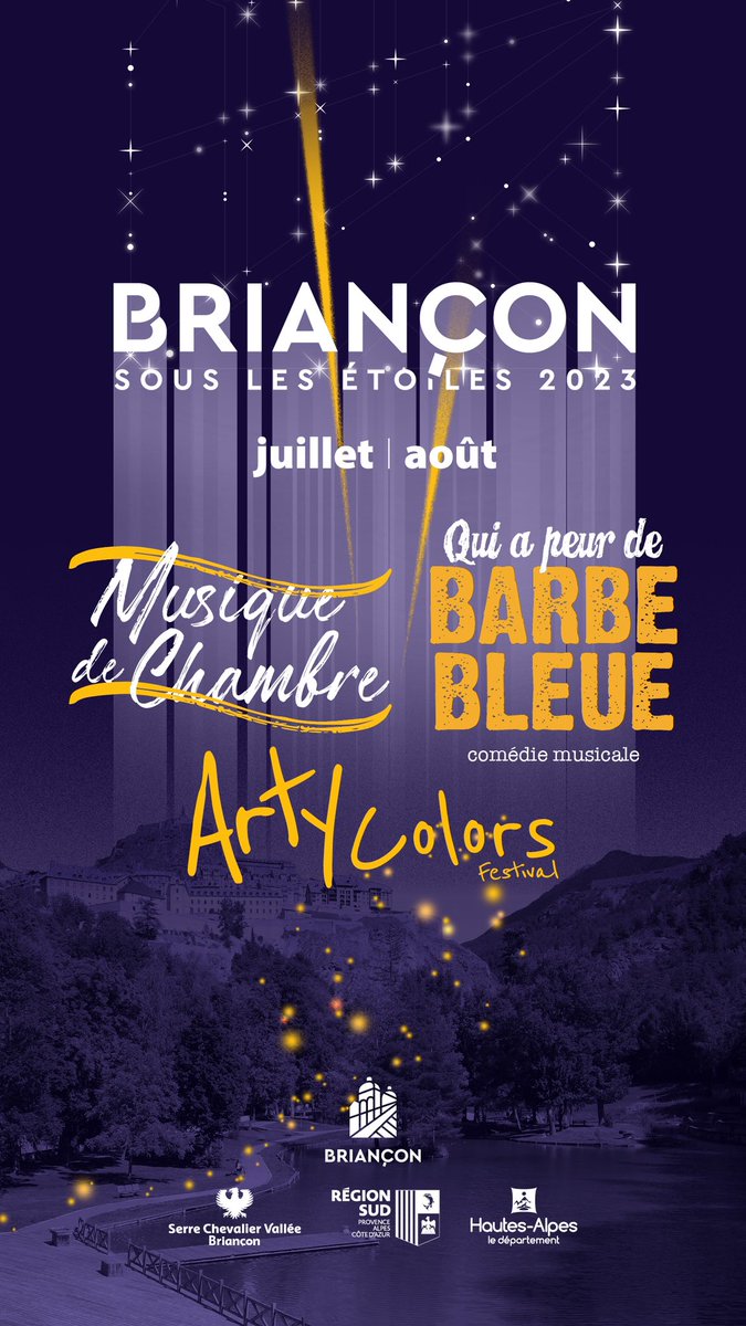 VilleBriancon's tweet photo. 💥{FESTIVAL}💥
Vous l’attendiez ? Le voici !
Votre programme de cette 3ème édition de Briançon Sous Les Etoiles.
Une programmation unique, pleine de surprises ! Concerts, spectacles de rues, comédie musicale, land art, musique de chambre, … Briançon va vibrer sous les étoiles ! https://t.co/kjlCLbSZze