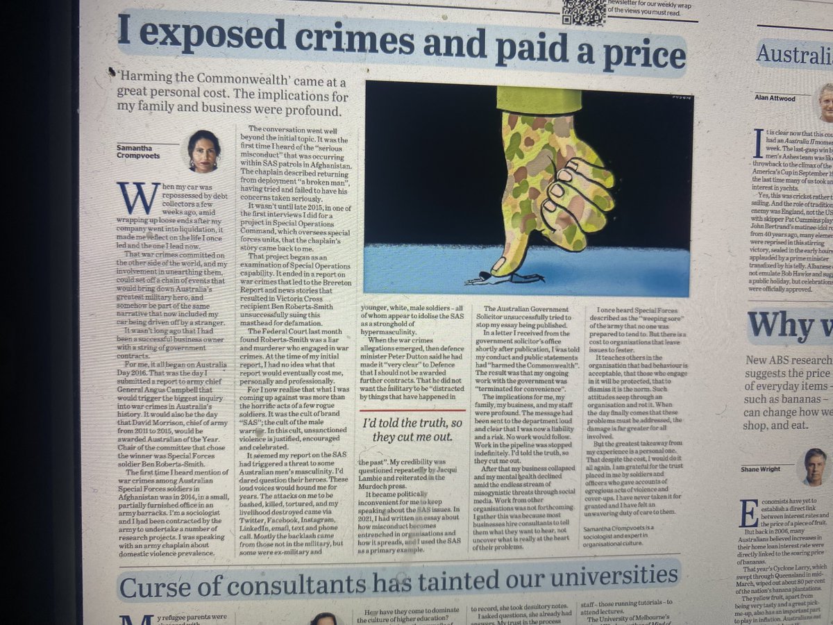 QuentinDempster's tweet image. The personal cost to courageous Australian war crimes researcher/sociologist ⁦@SCrompvoets⁩ vividly described here. She lost government contract work and her livelihood as ADF cut her off. Then Defence Minister Dutton made it “very clear” -no further contracts. Shameful.