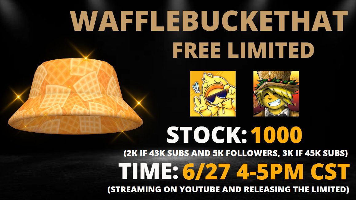 WaffleTrades on X: 🚨🧇5 FREE LIMITEDS ALERT🧇🚨 I am dropping 5 free  limiteds very soon and each one will drop when I reach a certain subscriber  milestone on ! Watch my video