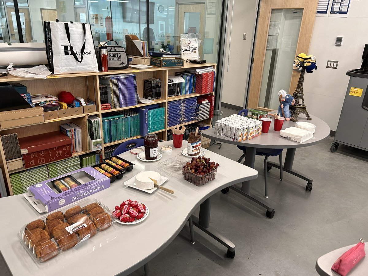 Well this is one way to take the edge off of a final French exam for students. Bon appétit mes élèves!! Croissants, Pains au chocolat, Brie, Macarons, Bonne Maman Jam, Babybel, Grapes and Fruit Juices. #FSLchat #LangChat #sd40learns
