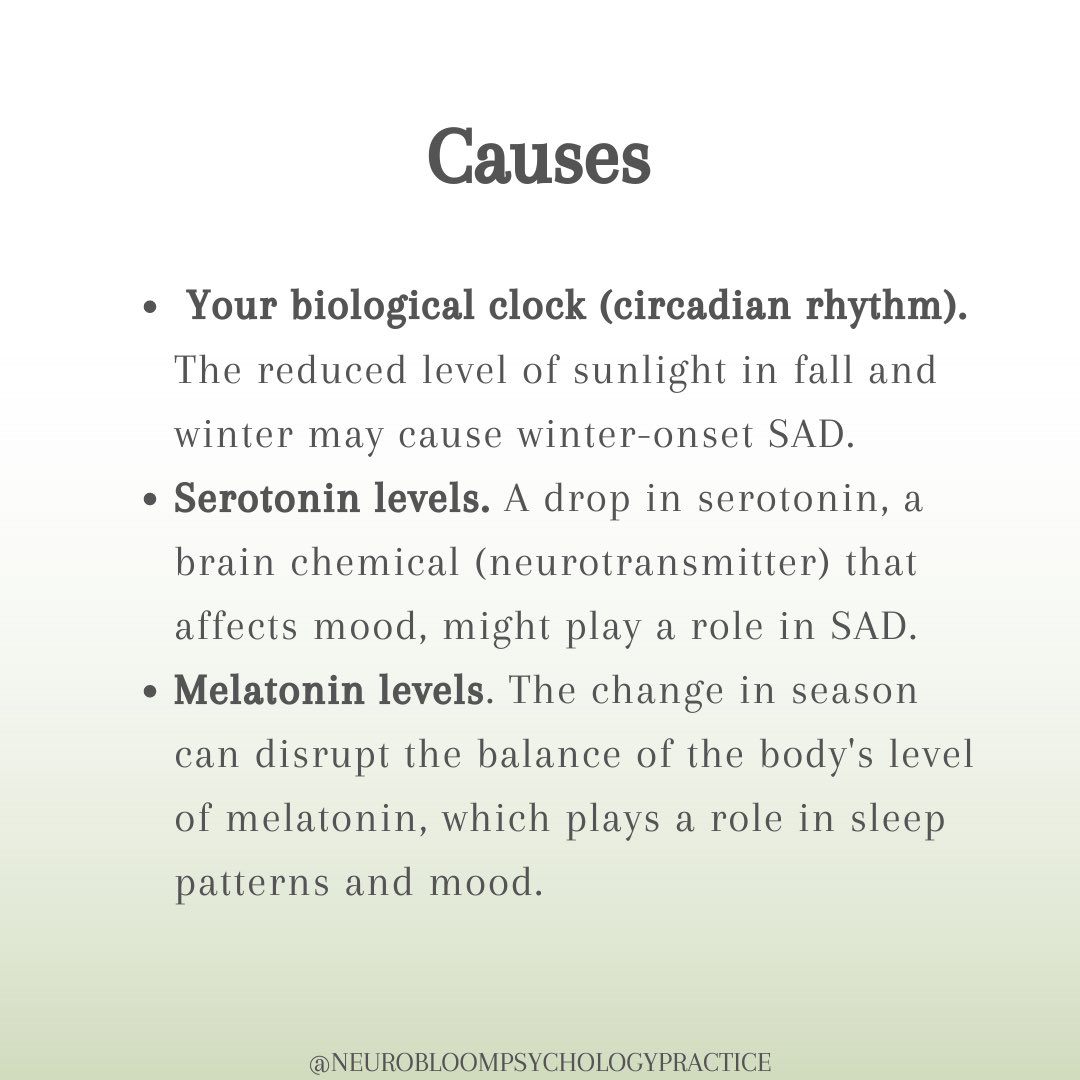 Hello there💚👋🏽 It’s Psycho Tuesday! And today we will be discussing Seasonal affective disorder (SAD) is a type of depression that's related to changes in seasons. Get to to know it’s signs and symptoms, causes and treatment.

#Tuesday #SeasonalAffectiveDisorder #SAD