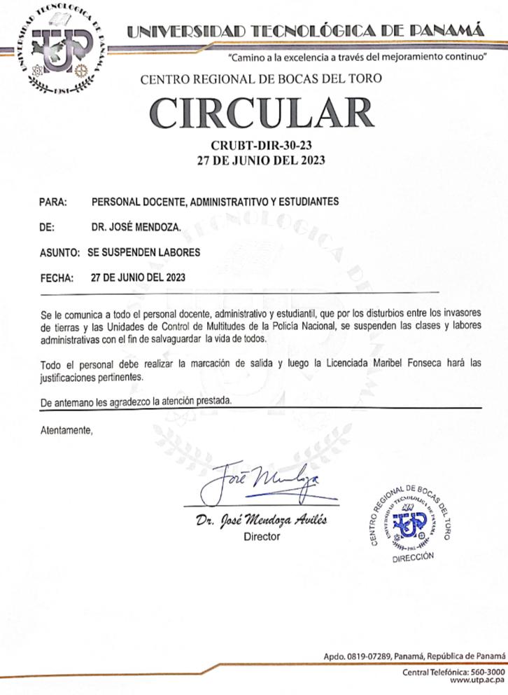 ⚠️Atención ⚠️
Suspensión de labores administrativas y clases en la UTPBocas.
Favor tomar las medidas necesarias de seguridad.