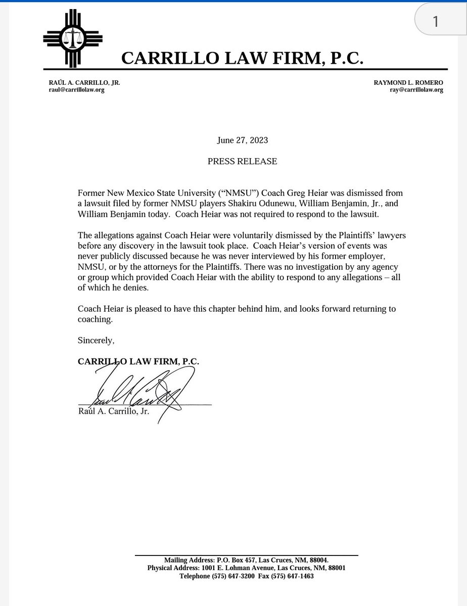 JonRothstein's tweet photo. A legal update on former New Mexico State head coach Greg Heiar. https://t.co/7qln1lKSCV