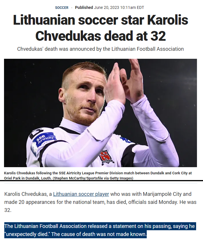 32 year old Lithuanian professional soccer player and star Karolis Chvedukas died suddenly on June 19, 2023.

'Lithuanian Football Association released a statement on his passing, saying he 'unexpectedly died' '

#DiedSuddenly #cdnpoli #ableg