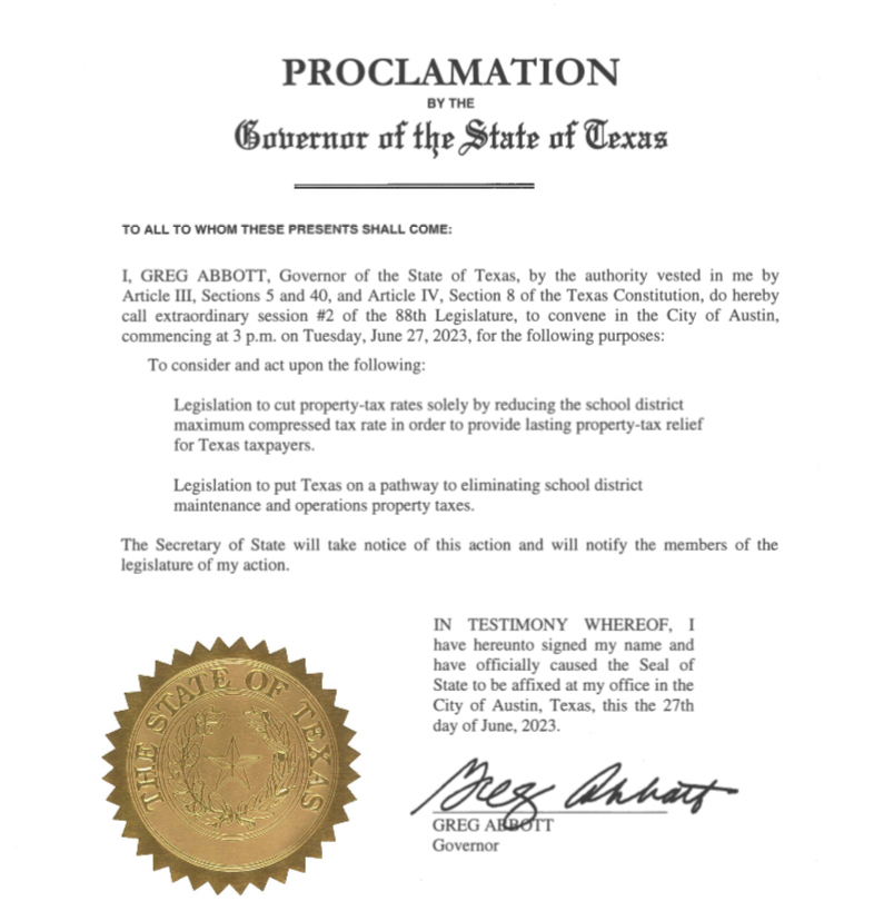 Governor Abbott has called a second special session to address property taxes. The agenda for the session includes legislation to put Texas on a pathway to eliminate property taxes. The Texas House plans to meet on Wednesday at 11:00am.