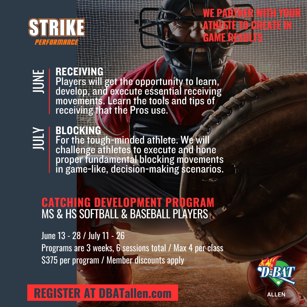 Let's go!! STRIKE July is all about Timing & Tempo for our hitters and Blocking for our catchers. With our data-driven programs, we partner with your athlete to create in game results. DBATallen.com #itswheretheplayersgo