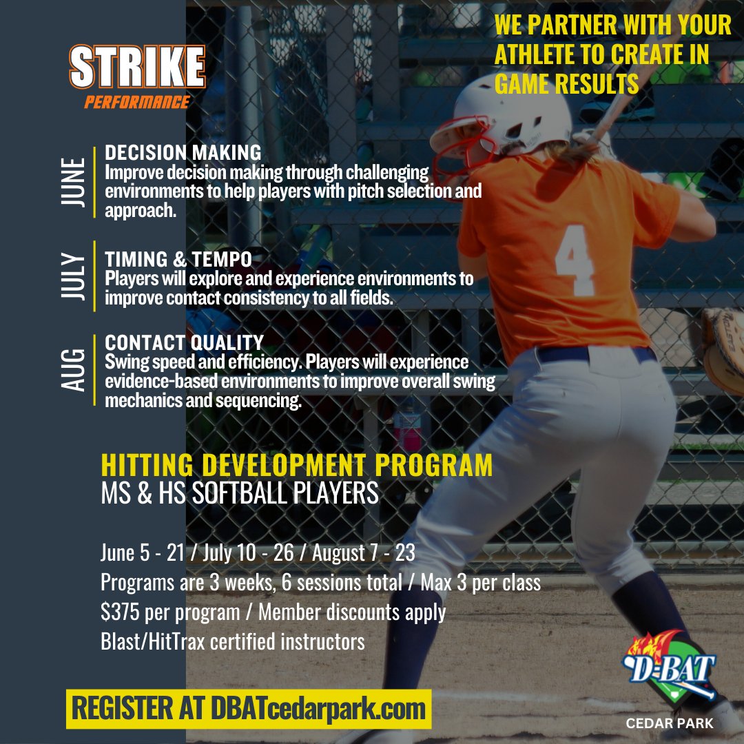 Let's go!! STRIKE July is all about Timing & Tempo for our baseball and softball hitters. With our data-driven programs, we partner with your athlete to create in game results. DBATcedarpark.com #itswheretheplayersgo