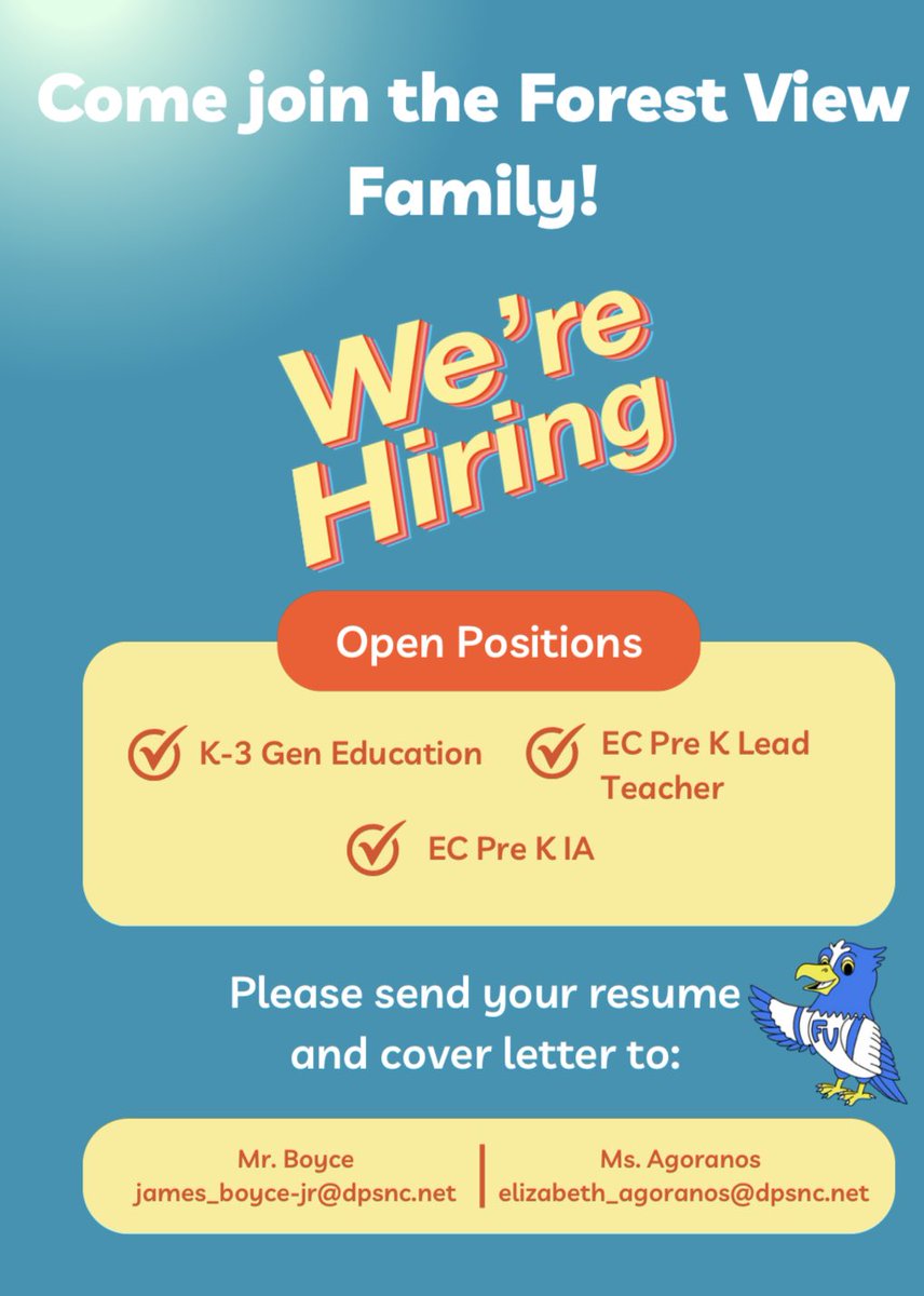Come join the Forest View Family! ⁦<a href="/FVFalcons/">Forest View Elementary</a>⁩ ⁦<a href="/jrobertboyce/">James Boyce</a>⁩ ⁦<a href="/DurhamPublicSch/">Durham Public Schools</a>⁩