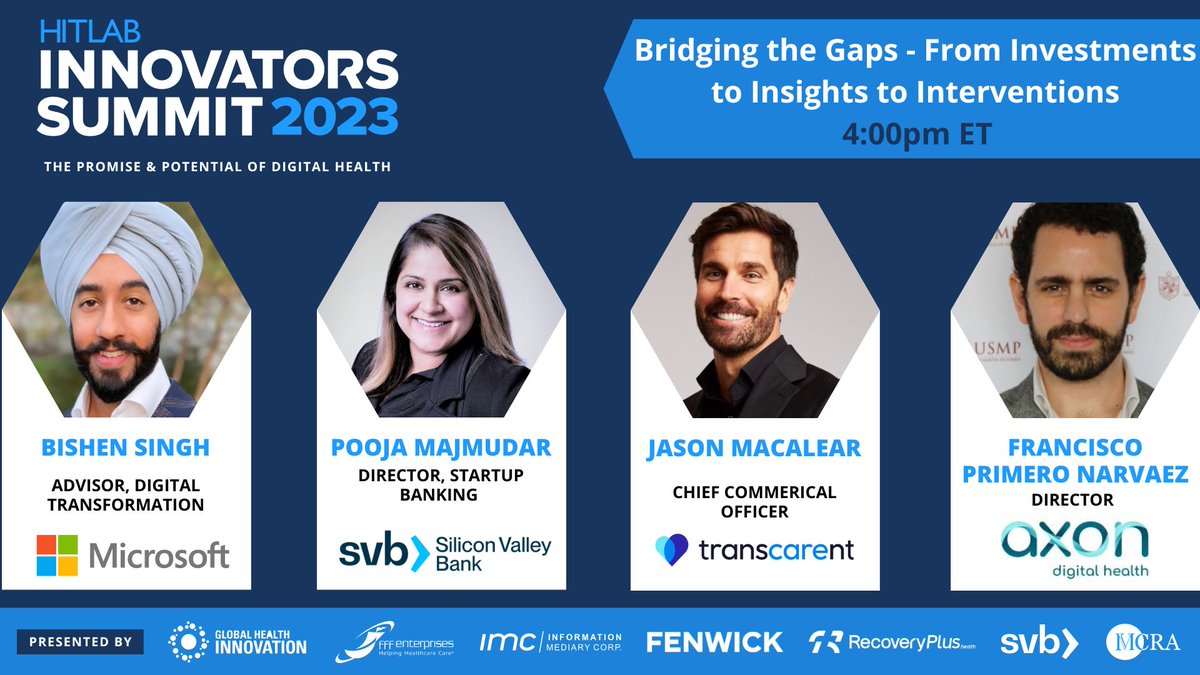 HITLABnyc's tweet image. Join the panel discussion on the next big disruption in digital health from experts Bishen Singh of Microsoft, Jason Macalear of Transcarent, Francisco Primero Narvaez of Axon Health, Pooja Majmudar of Silicon Valley Bank #HITLABSummit