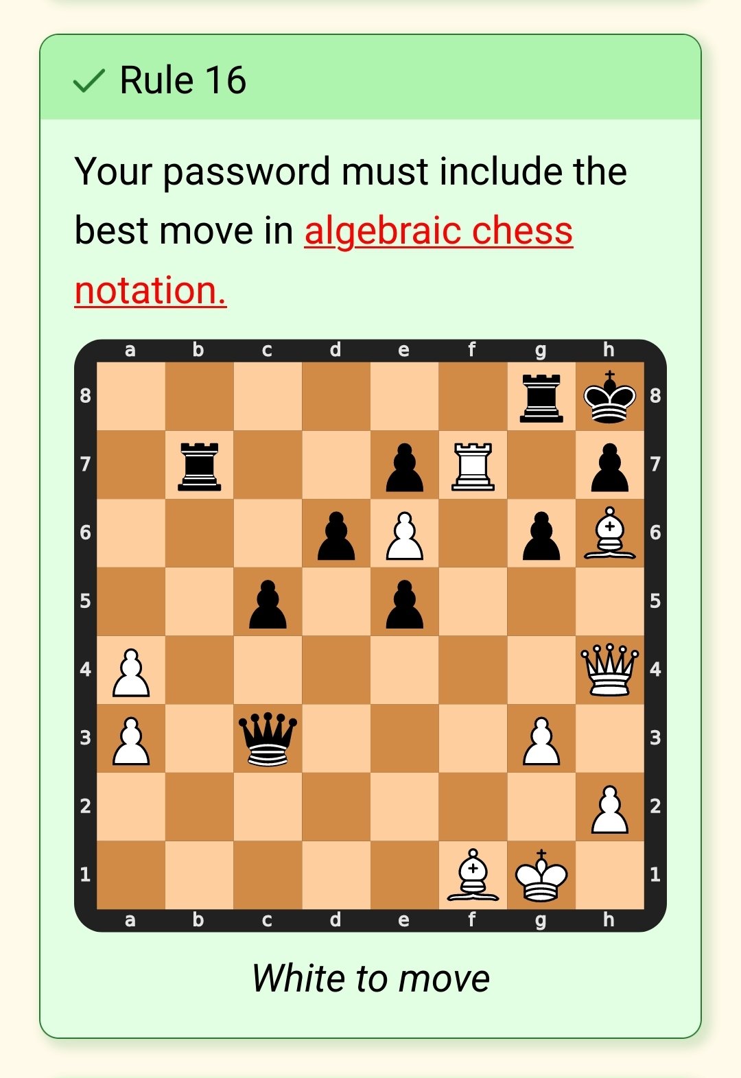 Best move in algebraic chess notation, Password Game rule 16 answers