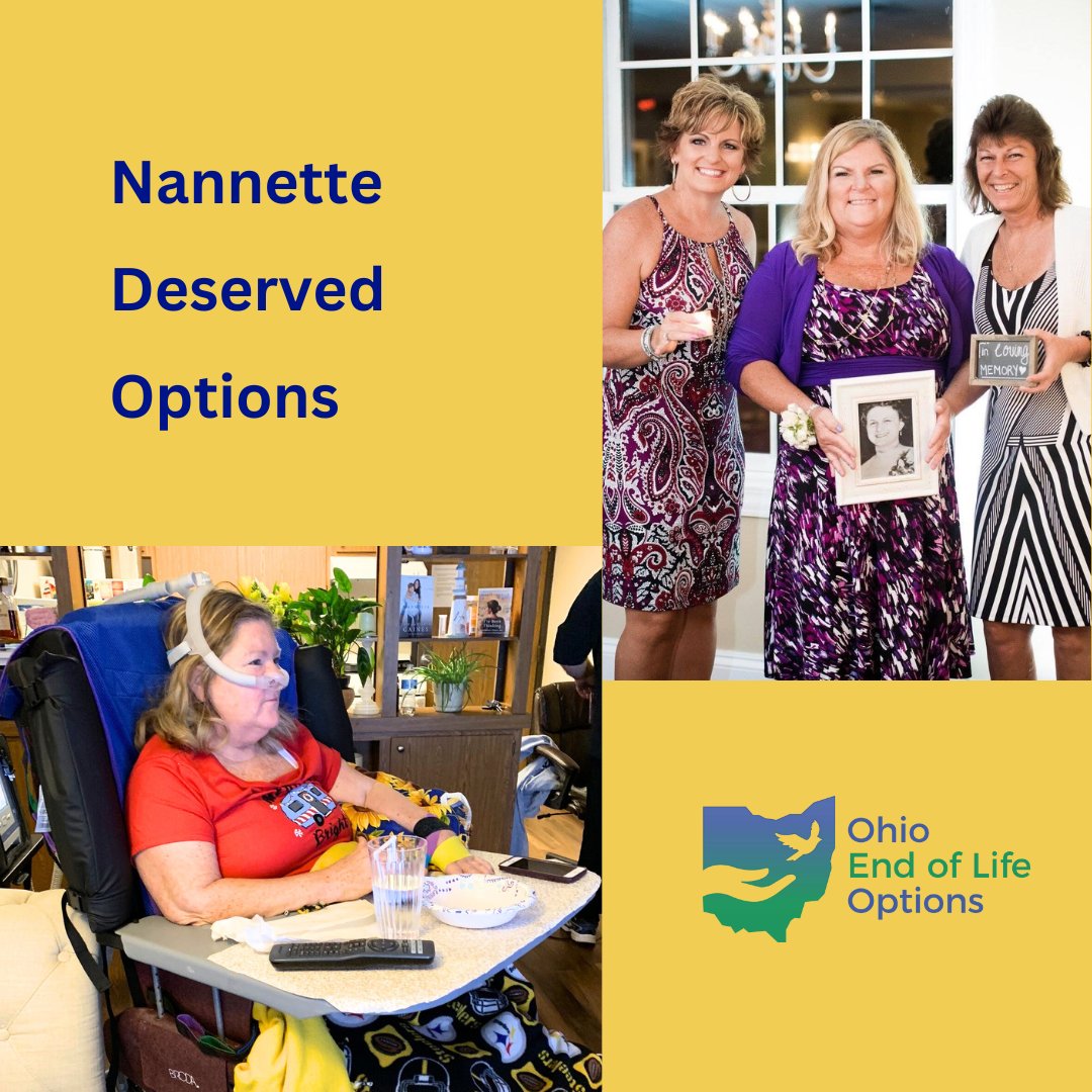“Everyone should have the option to manage the end of their lives as they see fit.” - Brandy Gleason, #Ohio

READ: ow.ly/nnl750OYofM

Familial # ALS has impacted Brandy's family. Her mother, Nannette, wanted access to ALL end-of-life options, including assisted dying.