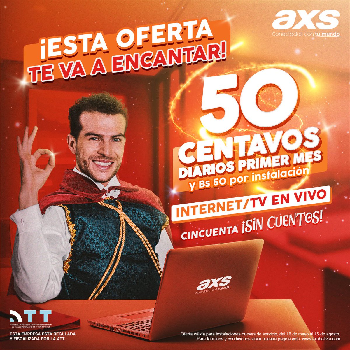 axsbolivia's tweet photo. Hay ofertas tan encantadoras que no vas a poder rechazarlas 😍 ¡Cámbiate a AXS y comienza a disfrutarla!
👉Pide tu servicio de internet y/o de TV en vivo ¡y conéctate a cincuenta sin cuentos!
✨Primera mensualidad: A solo 0,50 ctvs x día.
✨Instalación: Bs 50.
#AXSNet
#AXSPlus https://t.co/wA5lSs5ZI0