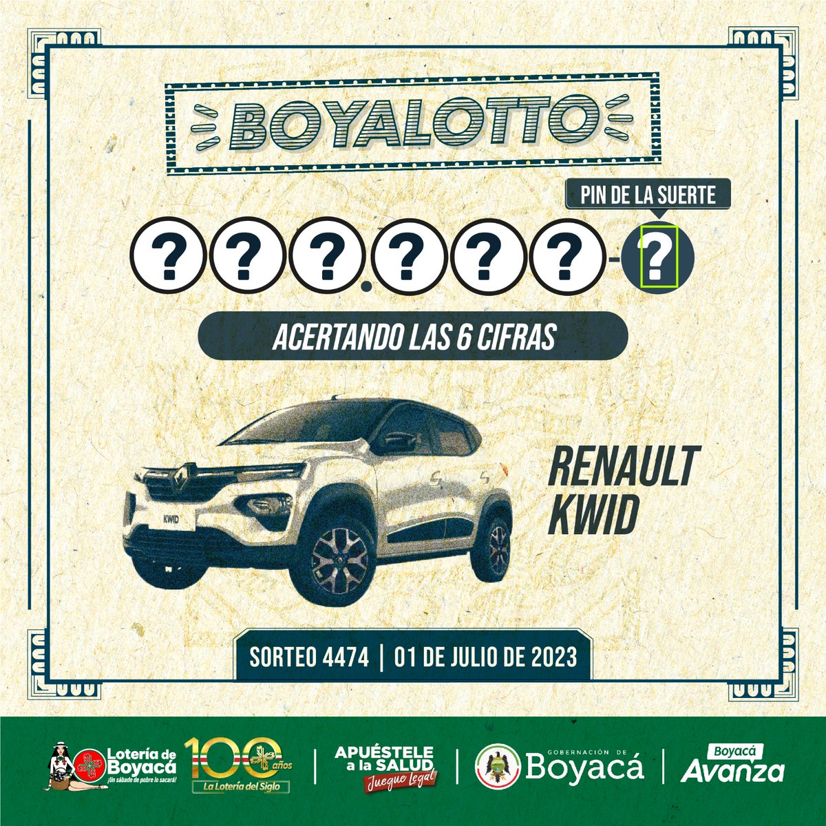 LoteriadeBoyaca's tweet photo. 🇨🇴 Mes de la #Independencia 🇨🇴 👉🏻Billete conmemorativo 

🍀😌La suerte te da la oportunidad de ser independiente, inicia el mes de #Julio ganando con el #BOYALOTTO un automóvil Renault kwid, acierta las 6️⃣ cifras y tu pin de la suerte.🏁🚘
#LoteríaDeBoyacá @rafarojasazula https://t.co/R7jf8CxYjl