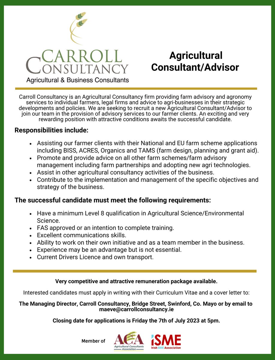 We are open for applications to add another Agricultural Consultant/Advisor to our team. An exciting and rewarding position awaits the successful candidate. ⁦<a href="/UCD_Ag_Soc/">UCD Agricultural Science Society</a>⁩ ⁦<a href="/ucdagfood/">UCD School Ag & Food</a>⁩ ⁦<a href="/ASAireland/">ASAireland</a>⁩ ⁦<a href="/SETUIreland/">South East Technological University</a>⁩ ⁦<a href="/MTU_ie/">Munster Technological University</a>⁩ ⁦<a href="/atu_ie/">Atlantic Technological University</a>⁩