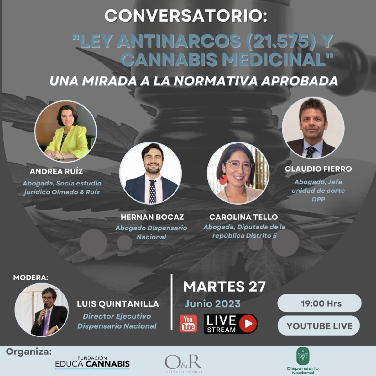 Conversatorio: "Ley Antinarco y Cannabis Medicinal". Análisis de nueva normativa y fallos recientes en favor de usuarios medicinales de cannabis.
<a href="/andrearuizrosas/">Andrea Ruiz Rosas</a> 
<a href="/AbogadaTello/">Carolina Tello Diputada D5</a> 
<a href="/hbocazb/">Hbocazb</a> 
<a href="/Fierrojoli/">Fierrojoli</a> 
<a href="/quintanilla_dn/">Luis Quintanilla</a> 
Este martes a las 19:00 horas por YouTube.con/@feducann