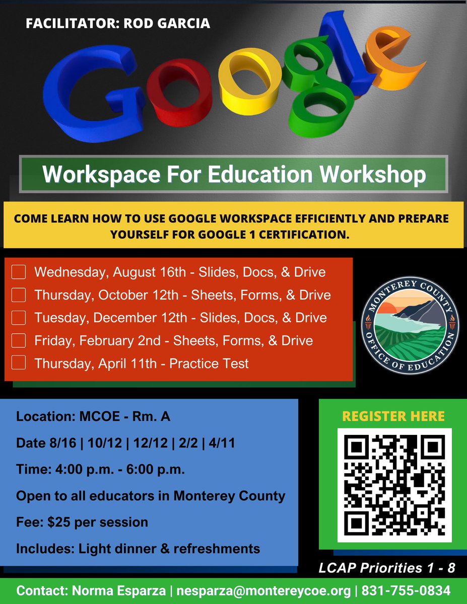 Get Google Workspace certified and boost your skills! 🌟 Calling all educators in Monterey County! Join us to learn efficient usage and prepare for Google 1 Certification.  #GoogleWorkspace #GoogleCertification #Education #RegistrationOpen #MontereyCounty @MrRodGarcia @MCOE_Now
