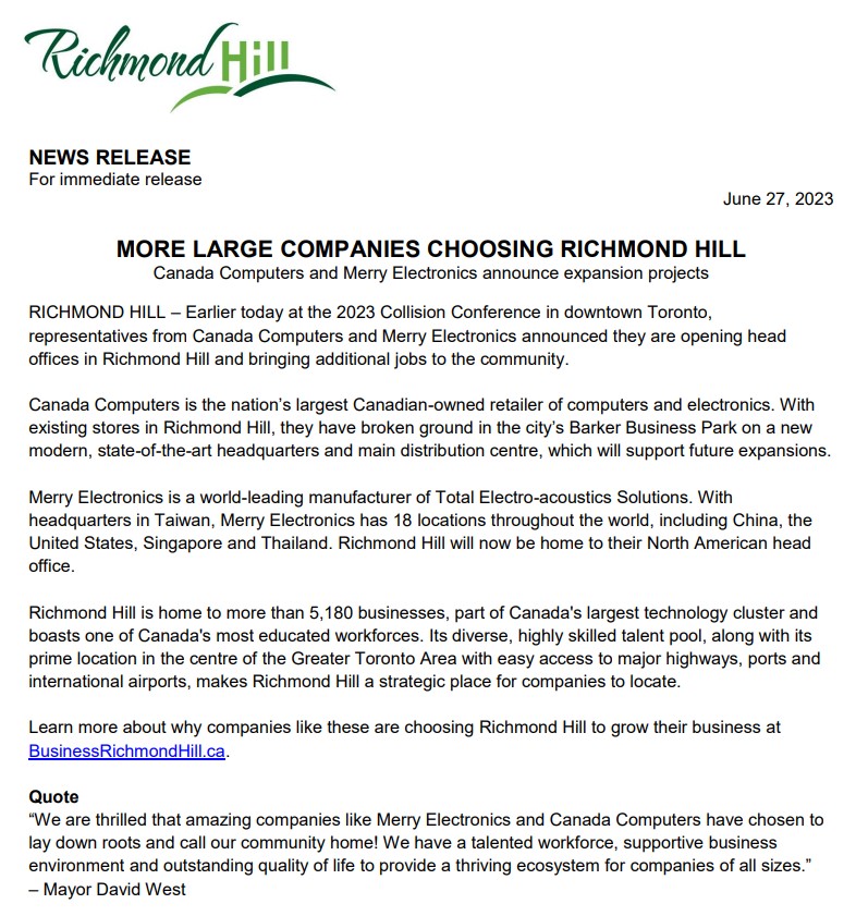 It was an exciting day at the #collisionconf as we welcomed two technology companies to #RichmondHill. 
Canada Computers & Electronics and Merry Electronics will opening their respective head offices here. 
#Employment #YRtech #TechNews 
@YorkLink @RH_EcDev