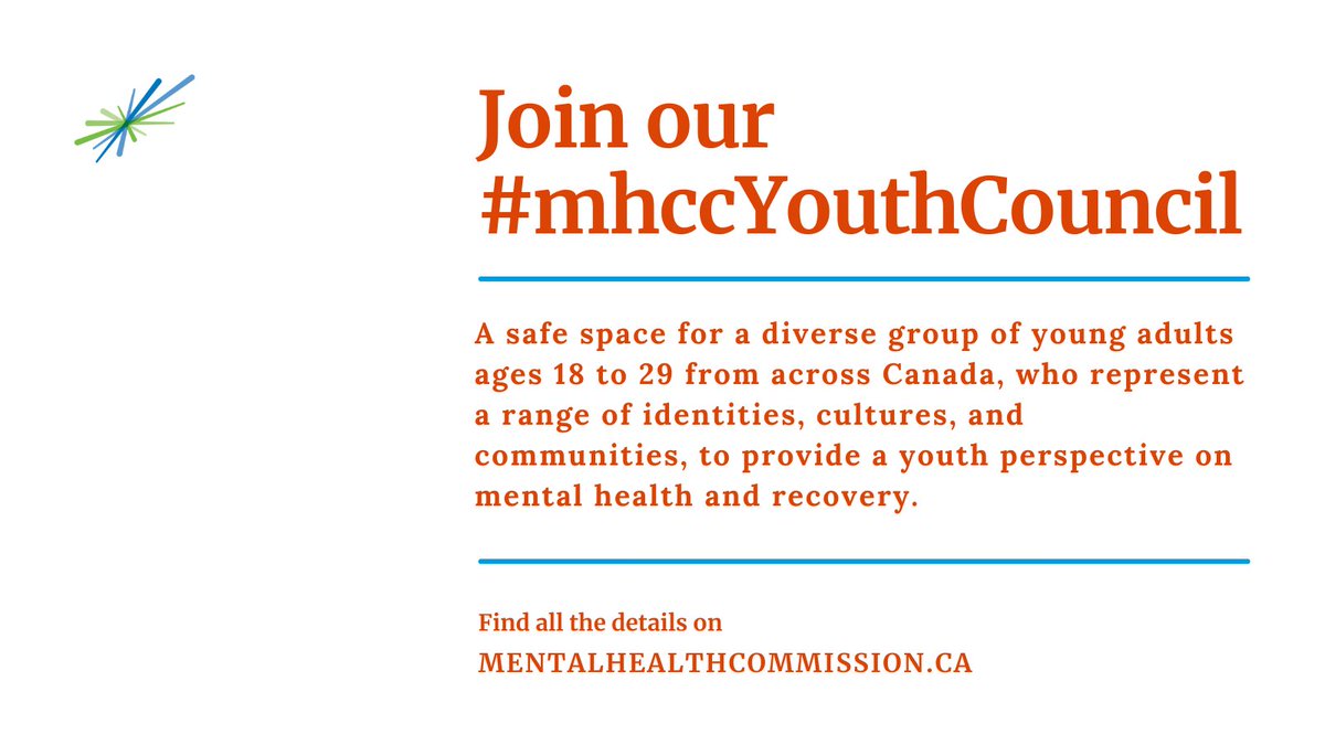 I'm so excited to tell you that <a href="/MHCC_/">Mental Health Commission of Canada</a>  is seeking applications for 4 enthusiastic council members to join a group of passionate mental health advocates: #mhccYouthCouncil. We need these voices to do our best work! Share this as widely as you can: mentalhealthcommission.ca/what-we-do/car…