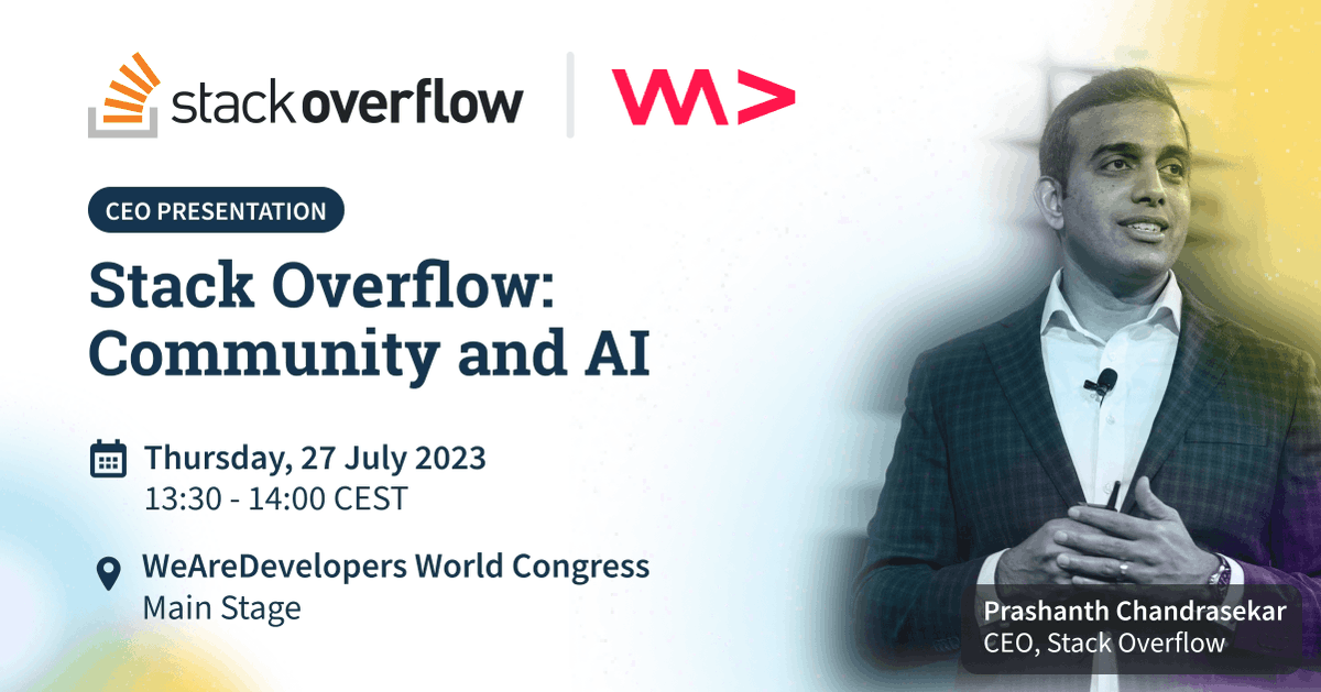 StackOverflow's tweet photo. .@WeAreDevs is now one month away and the agenda is live! Join us on Thursday, July 27th, on the main keynote stage to hear @pchandrasekar CEO of @StackOverflow share how Stack Overflow is evolving to bring community and AI together.  To learn more: https://t.co/Ba6n897lHs https://t.co/WUeBwKSlsd