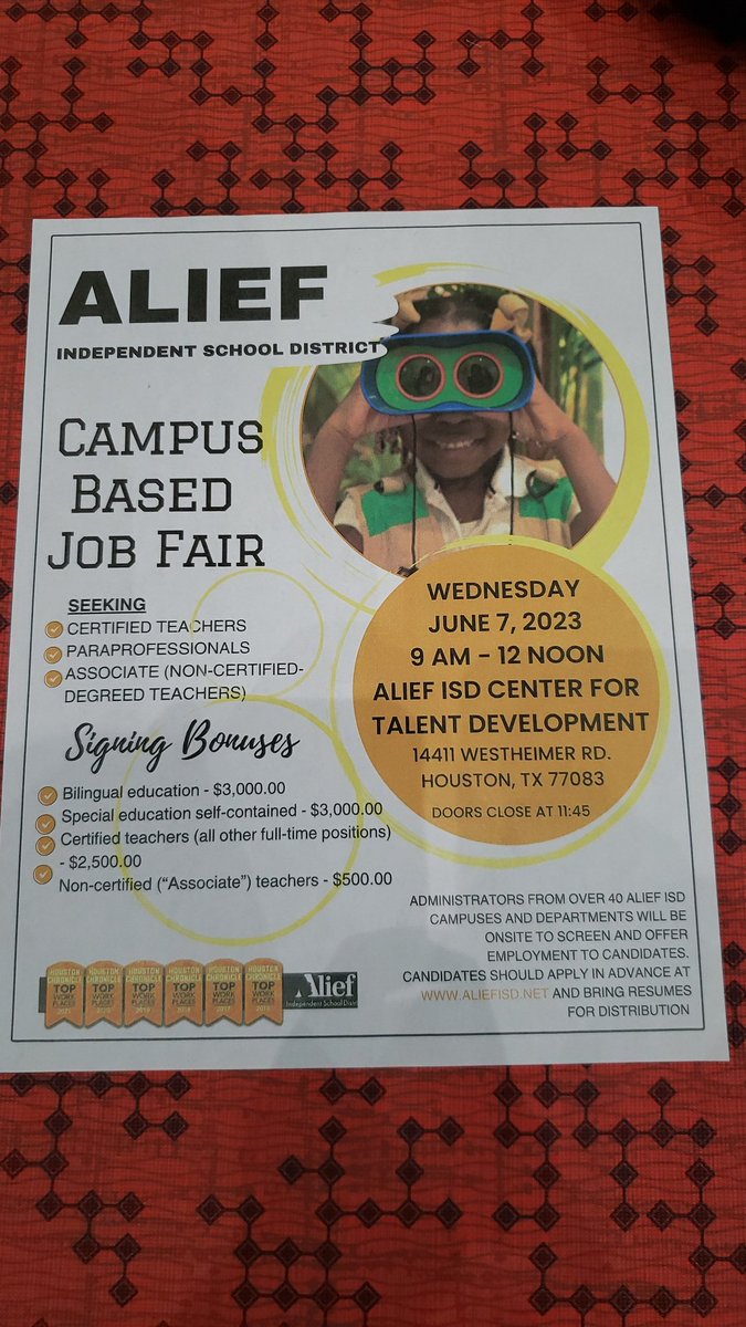 a_admad1's tweet photo. Alief SPED is hiring! There are certified teacher, associate teacher, and paraprofessional positions available. @AliefSped https://t.co/6vnzFQKofl